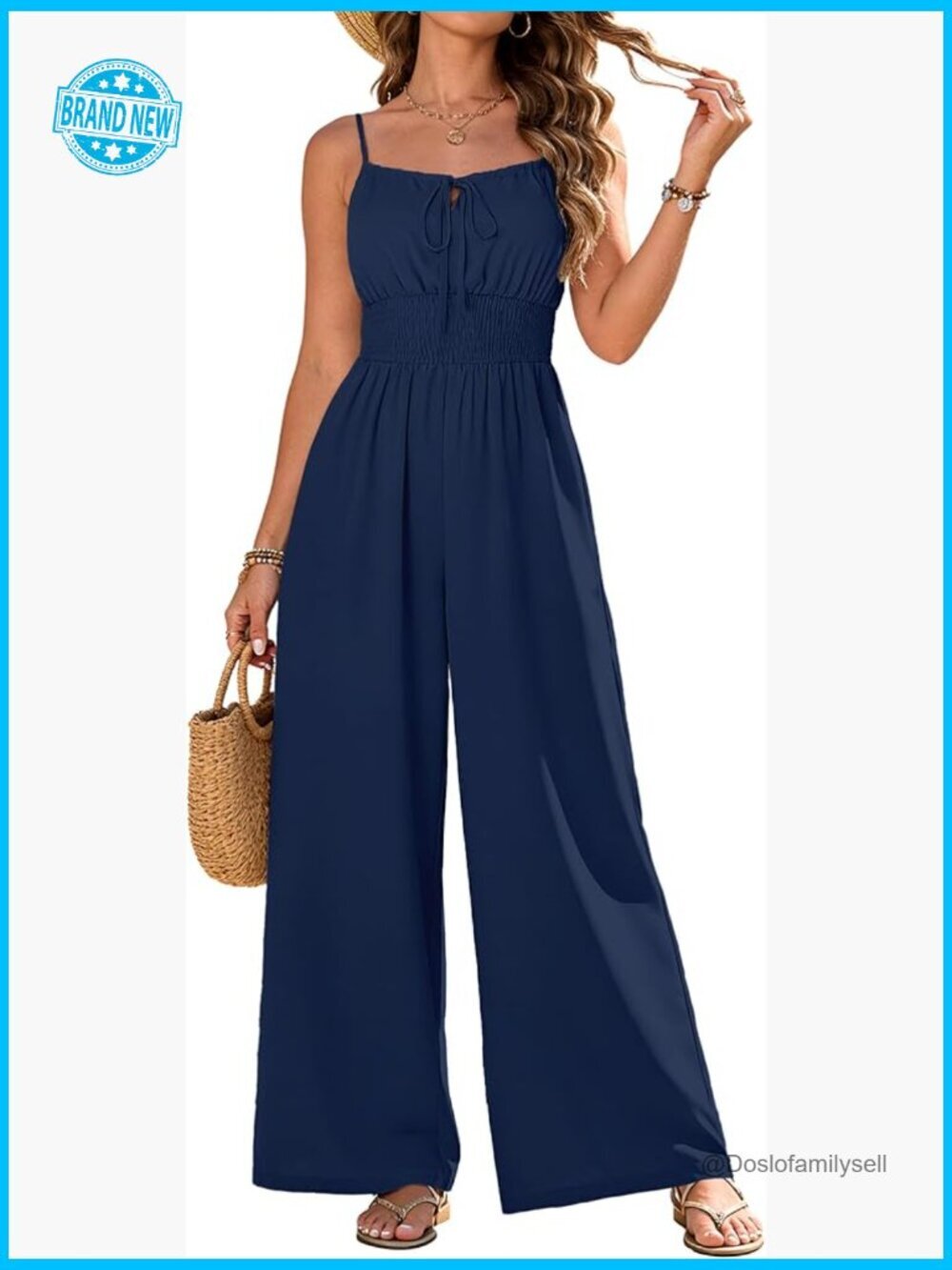 Casual Spaghetti Strap Jumpsuit Wide Leg Long Pants Romper with Pockets